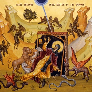 Saint Anthony the Great and the Demons Orthodox icon, St Anthony of Egypt the Father of all Monks, Anthony the Abbot, Anthony the Anchorite