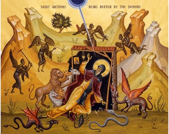 Saint Antoine le Grand et les Démons Icône orthodoxe, Saint Antoine d’Egypte le Père de tous les moines, Antoine l’Abbé, Antoine l’Anachorète