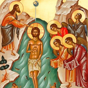 Icône de théophanie, Icône orthodoxe du baptême de Jésus, Baptême de Jésus-Christ, Don de baptême, Don de baptême, Art grec traditionnel image 6