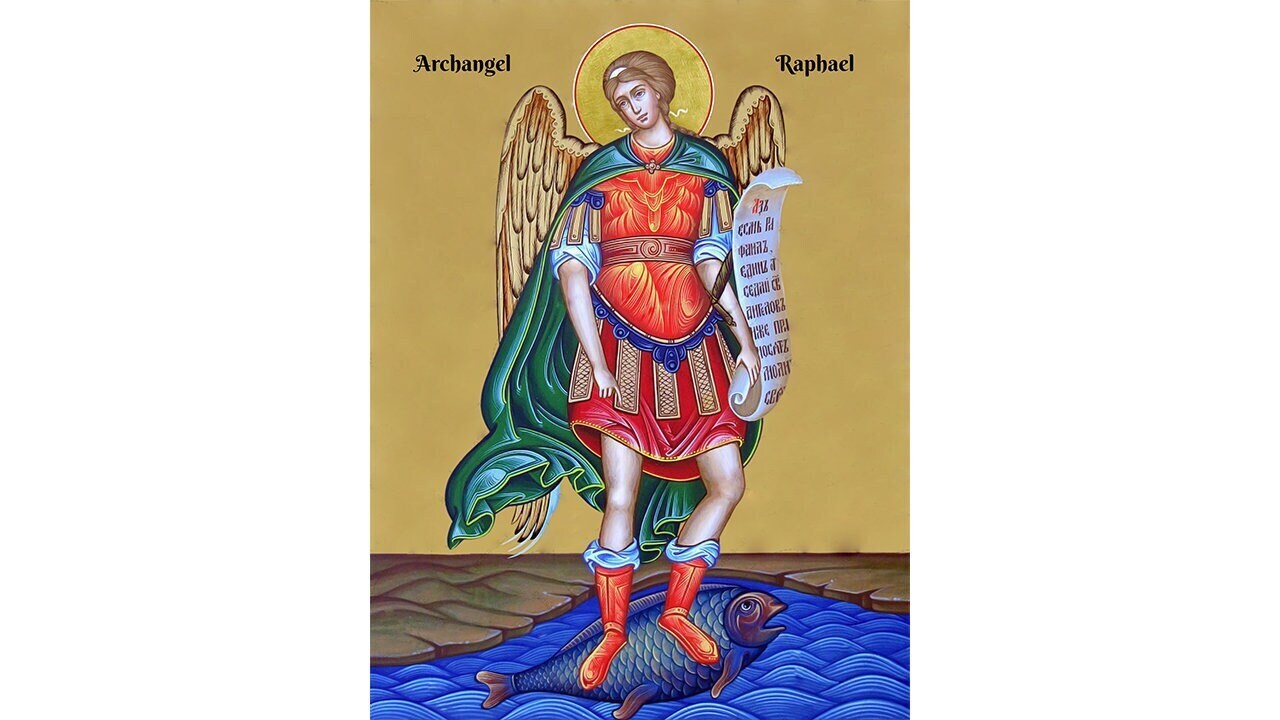 Statua di San Raffaele Arcangelo cm 23 (9,05 inches) in resina decorata a mano di produzione artigianale per esterni ed interni - Italia