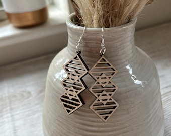 Wooden Geometric Earrings, Bridesmaid Earrings, Birthday gift Earrings, Birthday gift for her, Mum, Wife, Wood & Sterling Geometric Earrings