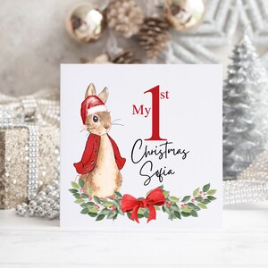 Personalised First Christmas Greeting Card, Baby's 1st Christmas Card, Baby's Name Initial Card, Bunny Rabbit Christmas Card