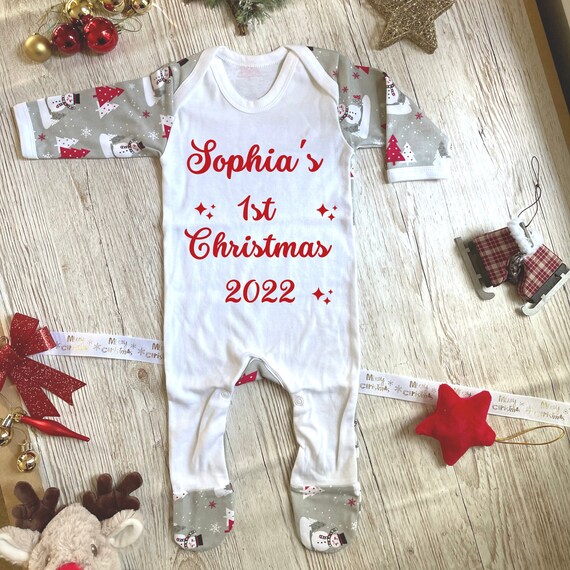 Baby s First Christmas Romper Sleeper Suit First Christmas Suit for Baby Baby s 1st Christmas First Christmas Design grey Snowman Etsy UK