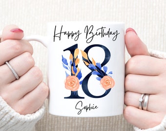 Taza de cumpleaños número 18 - Taza de cumpleaños número 18 personalizada - Taza de cumpleaños número dieciocho - Diseño floral azul