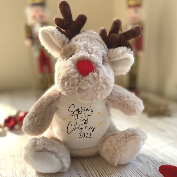 Personalised Christmas Reindeer / Penguin Toy, Christmas gift for new baby, Baby 1st Christmas Gift, Baby Stocking Filler, Stars Design
