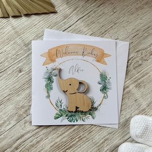 New Baby Safari Card - wooden keepsake, Card for New Baby Girl, Card for New Baby Boy, Safari New Baby Card, Safari wooden keepsake Elephant