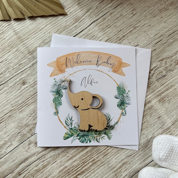 New Baby Safari Card - wooden keepsake, Card for New Baby Girl, Card for New Baby Boy, Safari New Baby Card, Safari wooden keepsake Elephant