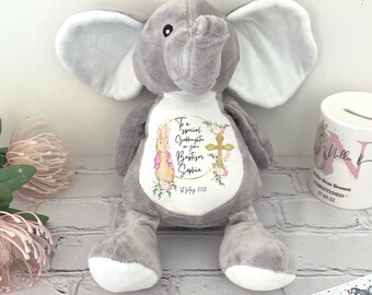 Personalised Christening, Baptism Elephant soft toy, Bunny Rabbit Design Christening or Baptism Gift, Christening Gift, Baptism Gift