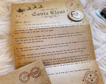 May include: Aged paper letter from Santa Claus with a wax seal and a Santa coin. The letter is addressed to Jaxson and includes a Nice List checkmark. The letter is decorated with reindeer and stars.