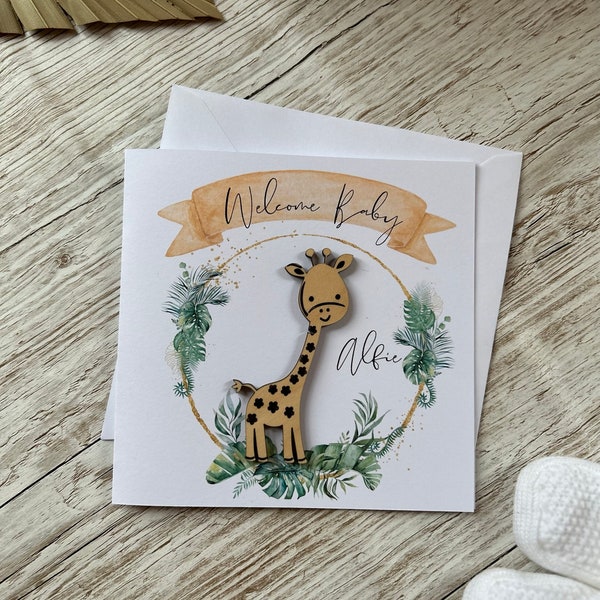 New Baby Safari Card - wooden keepsake, Card for New Baby Girl, Card for New Baby Boy, Safari New Baby Card, Safari wooden keepsake Giraffe