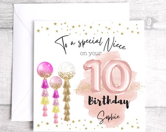 10th Birthday Card - Personalised 10th Birthday Card - Age 10 Birthday Card - Blush Pink Balloon / Pink Glitter Balloon