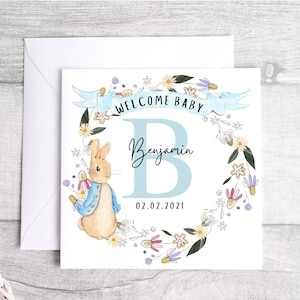 Personalised Bunny Rabbit Congratulations New Baby Card - New Baby Boy / New Baby Girl / Bunny Rabbit personalised new baby card - Floral