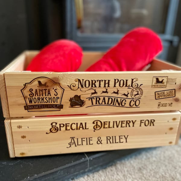 Personalised Christmas Eve Box Toy Crate - Engraved Wooden Christmas Eve Toy Storage Crate, Christmas Eve Box Wooden Crate - Various designs