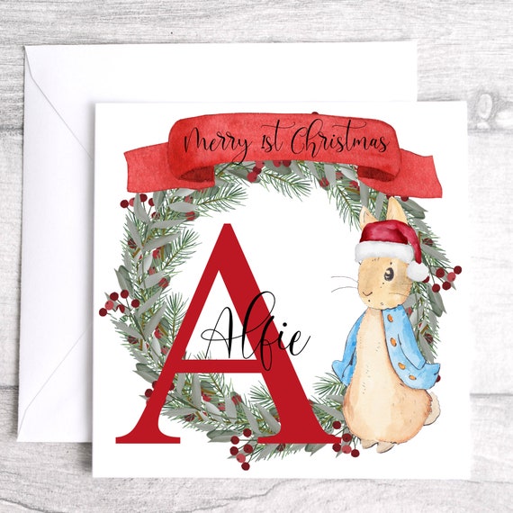 Baby's First Christmas - Bunny Rabbit Christmas Card - Personalised Christmas Card - Personalised Initial Christmas Card - Christmas Wreath