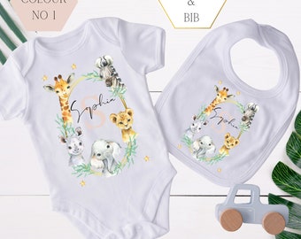 New Baby Baby Grow and Bib Set, Personalised Baby Grow and Bib, Gift for a New Baby, Gift for a Baby Girl / Baby Boy, Safari New Baby Gift