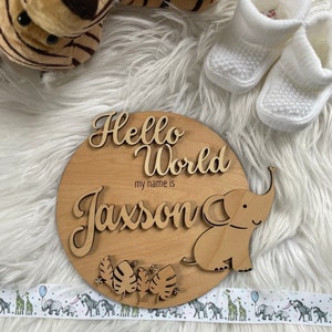 Hello World New Baby Wooden Plaque, Baby Shower Gift, Baby Photo Prop, Safari Nursery Decor, New Baby Safari Baby Sign - Choice of style