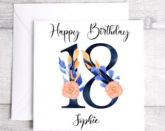 18th Birthday Card - Personalised 18th Birthday Card - Eighteenth Birthday Card - Navy Blue watercolour Floral 18th Birthday Card