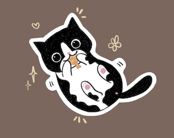 May include: A whimsical illustration of a black and white cat lying on its back, eating a snack. The cat has large eyes and pink paw pads. Decorative elements include a heart, a flower, and starbursts on a brown background.