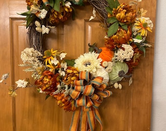 Autumn Front Door Wreath, Pumpkin Patch Decoration, Triple Pumpkins in Fall Design, Fall Floral Wreath for Porch, Autumn Wedding Gift