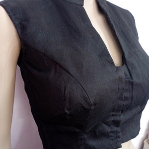 Handmade Black Raw Silk Blouse: Chinese Collar Crop Top