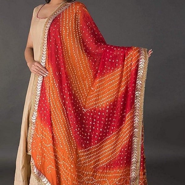 Jaipuri Rajasthani Women Silk Bandhani Bandhej Multi-Coloured Heavy Dupatta With Gota Work And Latkan, Traditional Duptta.