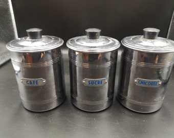 set of 3 VINTAGE French chrome-plated copper CANISTERS - RETRO 1960&#39;s