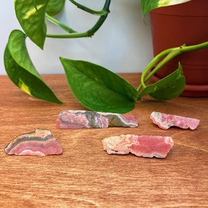 May include: Four pieces of pink and white striped, banded, and veined polished  pink  opalite. The stones are on a wooden surface.