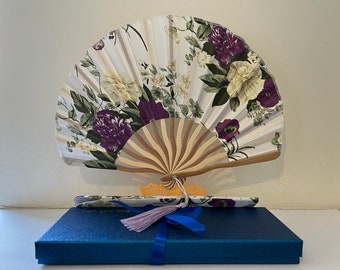 Luxury Fabric Printed Hand Fan Gift Set (fan+fabric pouch+wood stand in a gift box)