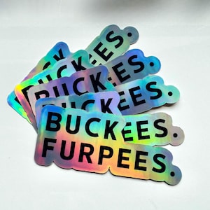 May include: A collection of holographic stickers with the words "BUCKEEES" and "FURPEES" in black block letters. The stickers have a cloud-like shape and a rainbow sheen, reflecting various colors.