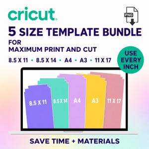 Puede incluir: Un paquete de plantillas digitales para Cricut para proyectos de impresión y corte. La imagen muestra cinco rectángulos de colores etiquetados como 8.5 x 11, 8.5 x 14, A4, A3 y 11 x 17 en una pantalla de portátil con el texto Use Every Inch.