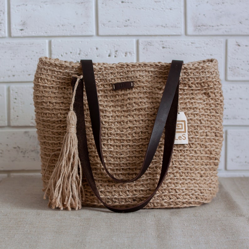 Jute bag with leather handle Market Crochet Jute Bag Jute shopping bag Jute tote bag Casual bag natural color Casual bag Gift for her