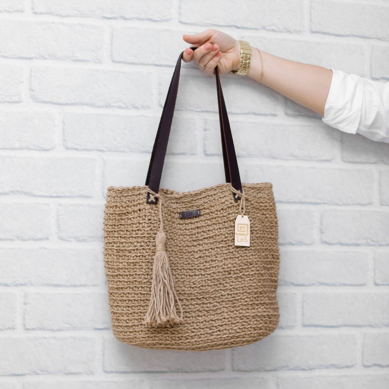 Jute bag with leather handle Market Crochet Jute Bag Jute shopping bag Jute tote bag Casual bag natural color Casual bag Gift for her