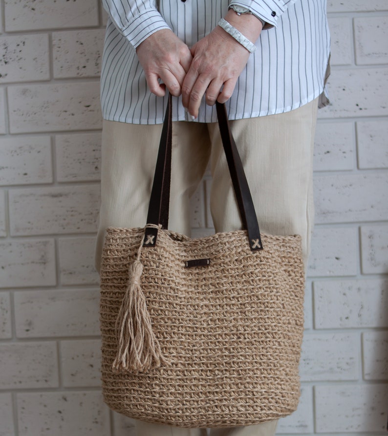 Jute bag with leather handle Market Crochet Jute Bag Jute shopping bag Jute tote bag Casual bag natural color Casual bag Gift for her