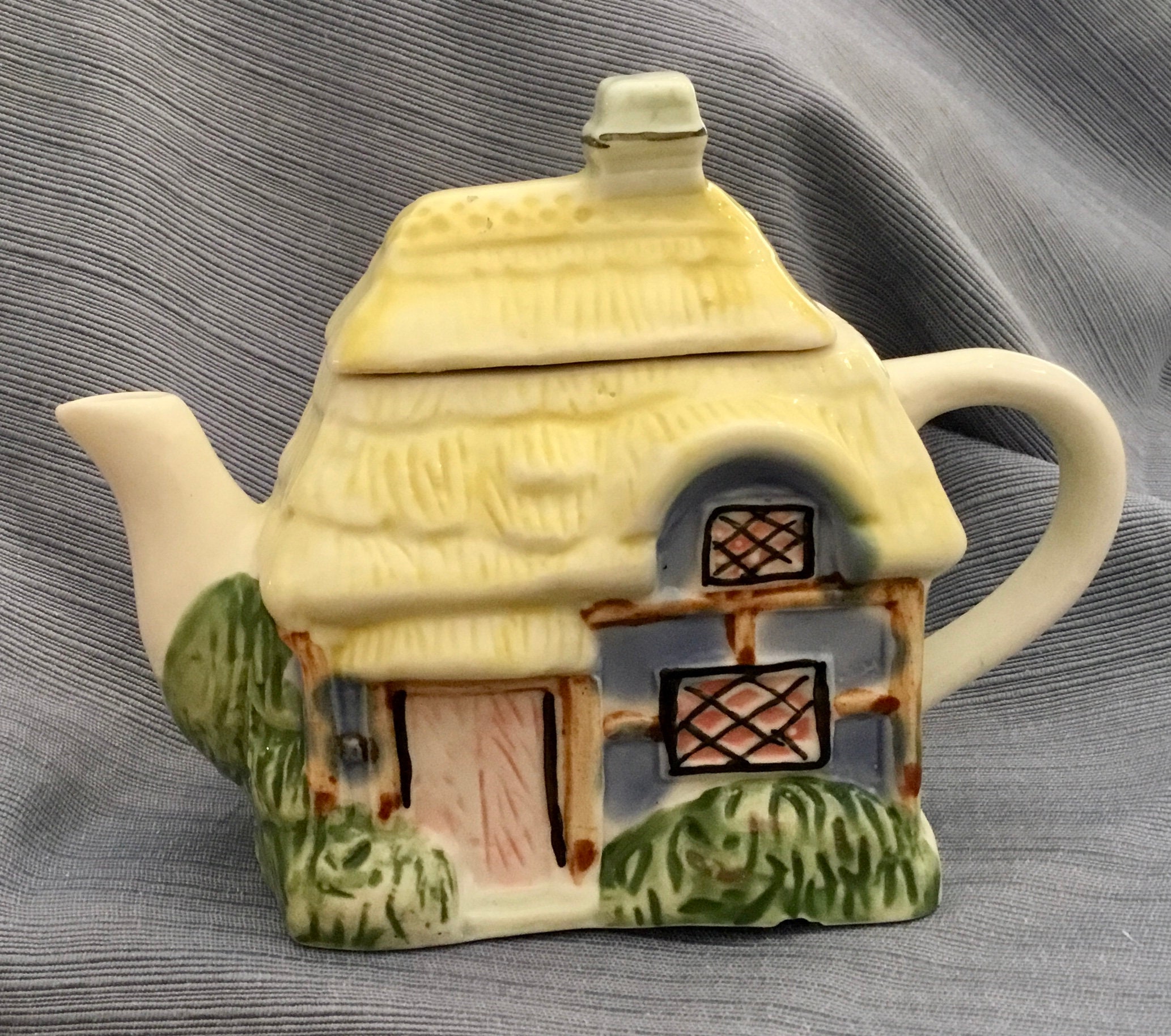 English Cottage Ceramic Teapot with Yellow Thached Roof Etsy