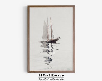 Vintage Sailboat Painting, Antique Nautical Watercolor Painting, Lake House Printable Decor, Antique Nautical Art, Instant Download, 030