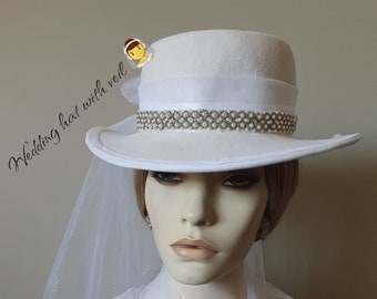 Bridal hat with pearls and veil, handmade, bridal fedora hat, wedding headdress, fascinator, white bridal hat, events hat