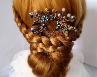 Elegant handmade hair comb with copper colored metal comb and blue stones - bridal hair comb, hair accessories