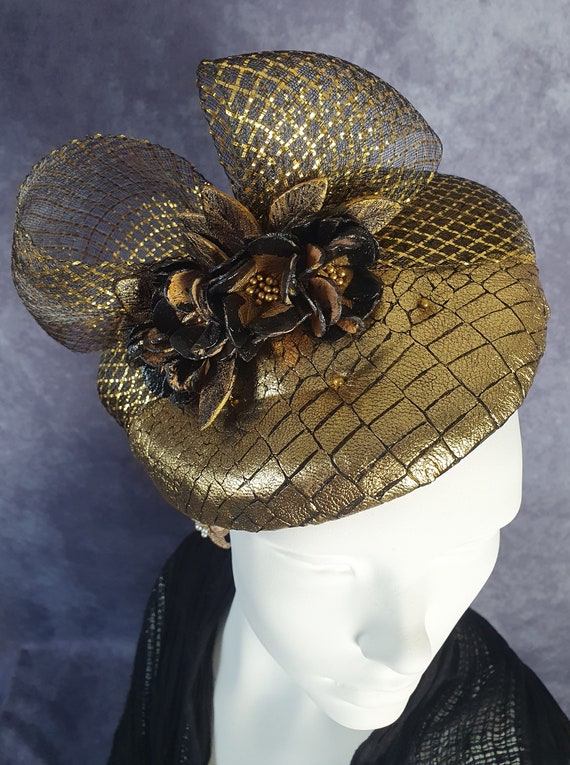 Fascinator Handmade in Gold Leather With Black, Wedding  display picture 1
