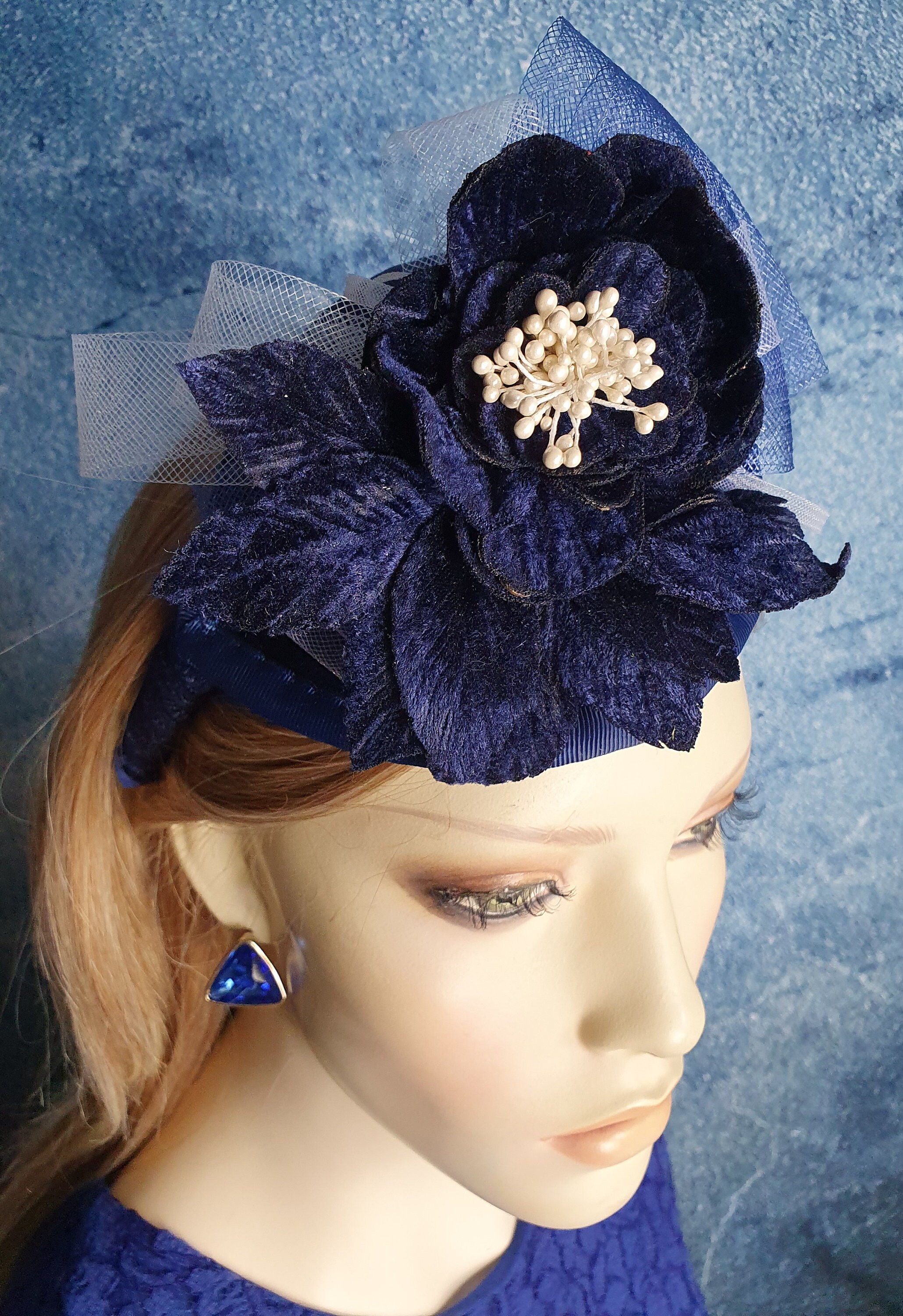 Navy blue velvet blue headband blue headpiece vintage blue hat blue bow Velvet Bow Headband - Dusty Blue | Caden Lane main image 3