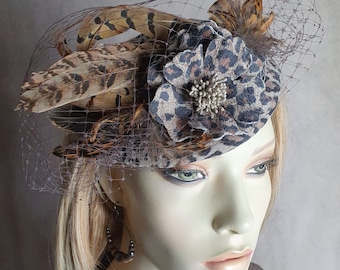 Fascinateur fait à la main en cuir imprimé tigre naturel, coiffure de mariage, coiffure d'invité, chapeau de dames, occasion spéciale