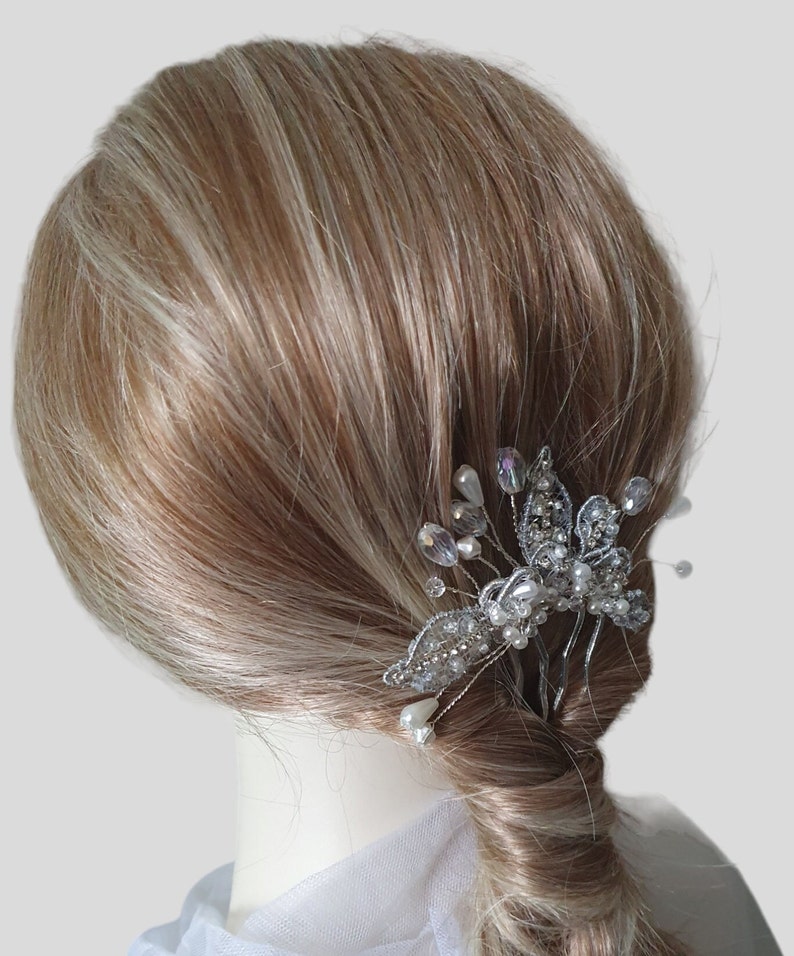 Handmade bridal comb with pearls and drop stones elegant hair accessory for weddings, guests and parties, silver metal Comb image 4