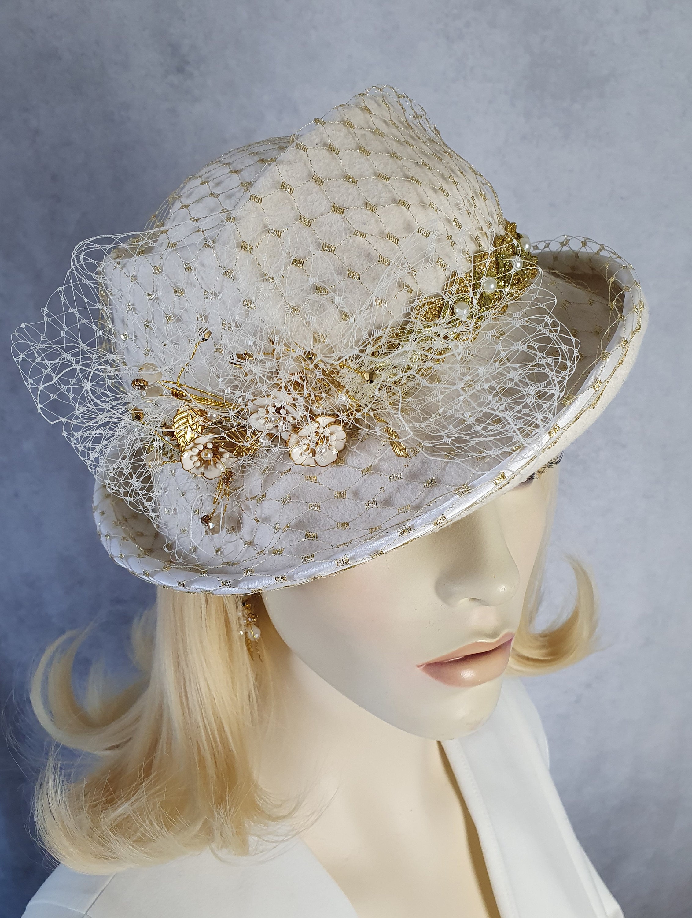 Women's Fedora Hat in Ecru White Felt with Veil, Handmade Elegant Bridal Hat, for Weddings or Other Special Events.
