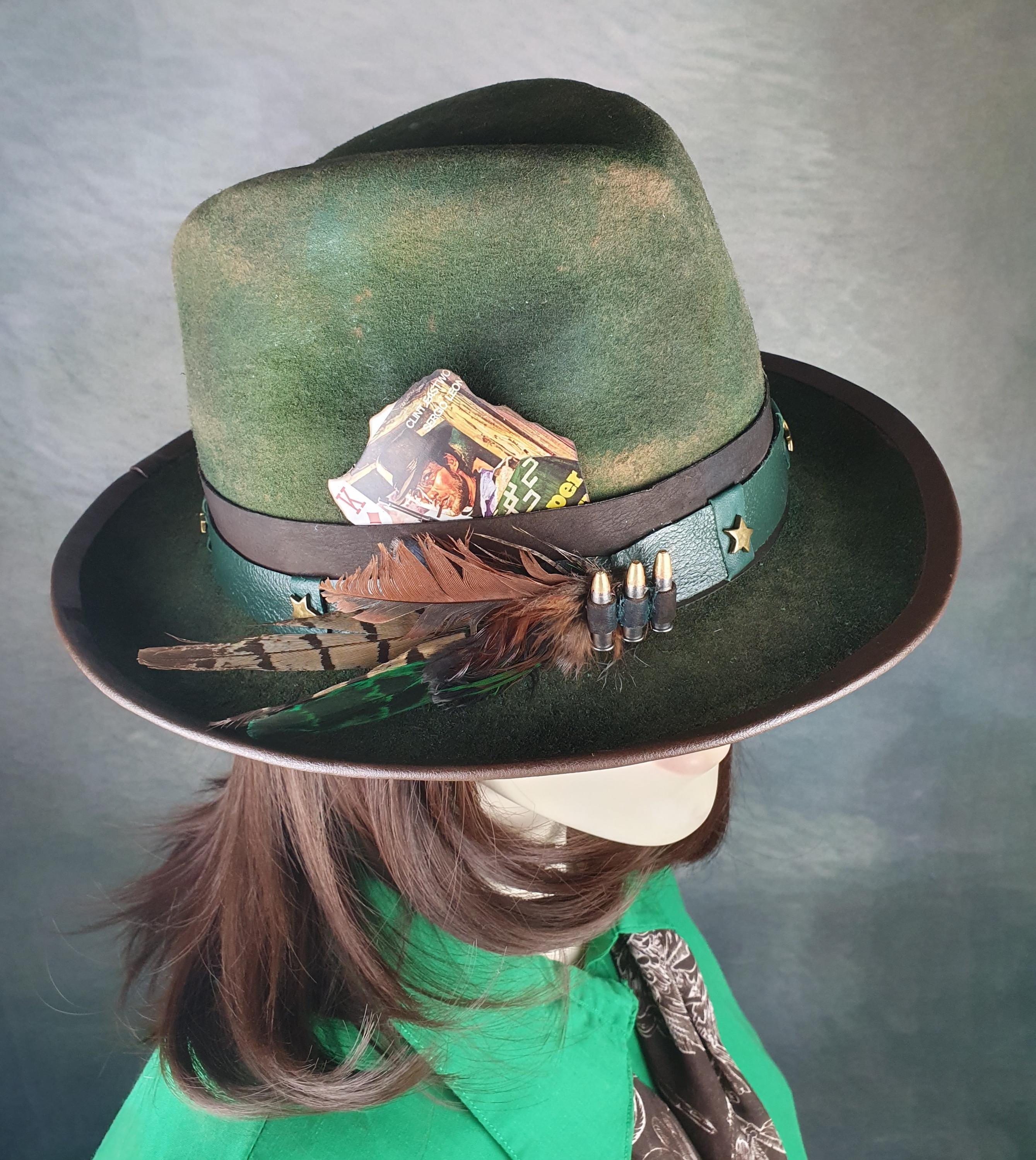 NEW St. Martin forest green felt fedora hat botanical hand burn engraved design Green Burnt Felt Hat - Etsy main image 2