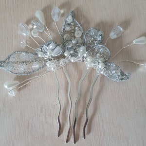 Handmade bridal comb with pearls and drop stones elegant hair accessory for weddings, guests and parties, silver metal Comb image 6