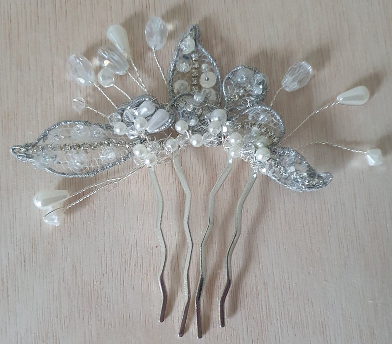 Handmade bridal comb with pearls and drop stones elegant hair accessory for weddings, guests and parties, silver metal Comb image 6