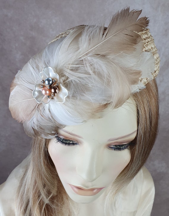 Elegant Tan and White Women\'s Hat with Embellishments Handmade Elegant Satin Formal Church Hats for Weddings & Tea  main image 4