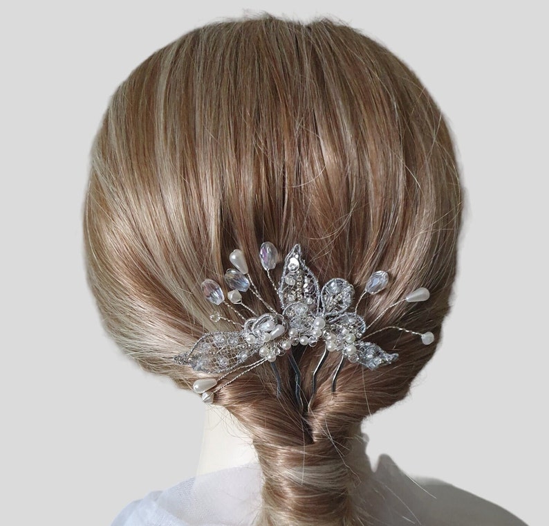 Handmade bridal comb with pearls and drop stones elegant hair accessory for weddings, guests and parties, silver metal Comb image 2