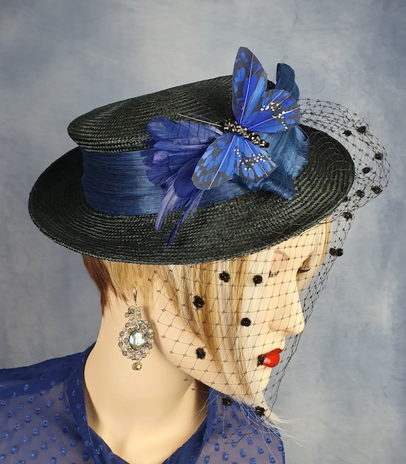 Elegant Blue and Black Women\'s Hat Royal Blue Wide Brim Sun Hats For Women Floppy Cap Elegant  main image 4