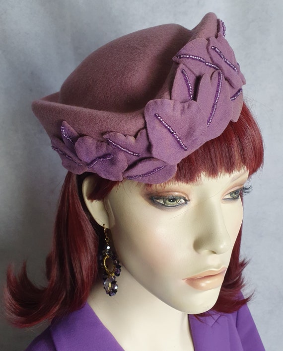 Elegant Purple Brim Hat with Beaded Detail Purple Felt Hat, AUSTELLE Fashion, Beaded Trim, Vintage  main image 3