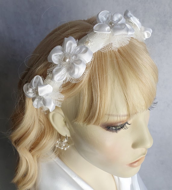 Handmade White Headband With Silk Flowers and Pearls 